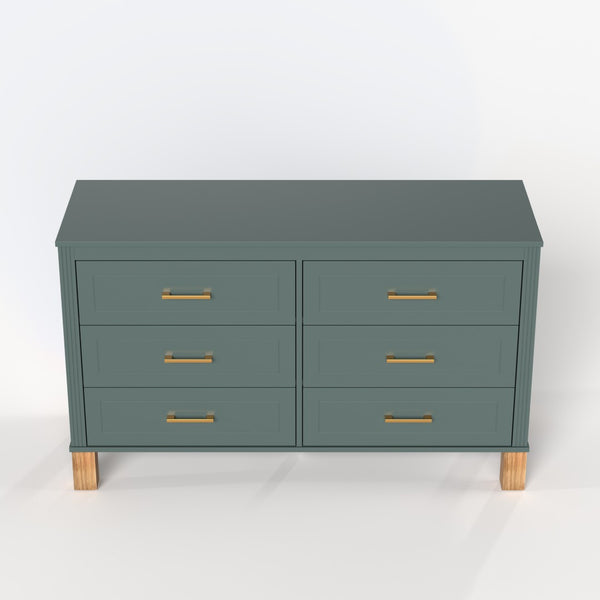 English Elm 6-drawer Double Dresser Solid Wood Legs Mid-century Modern Blue Bedroom Storage Chest W1445S00004