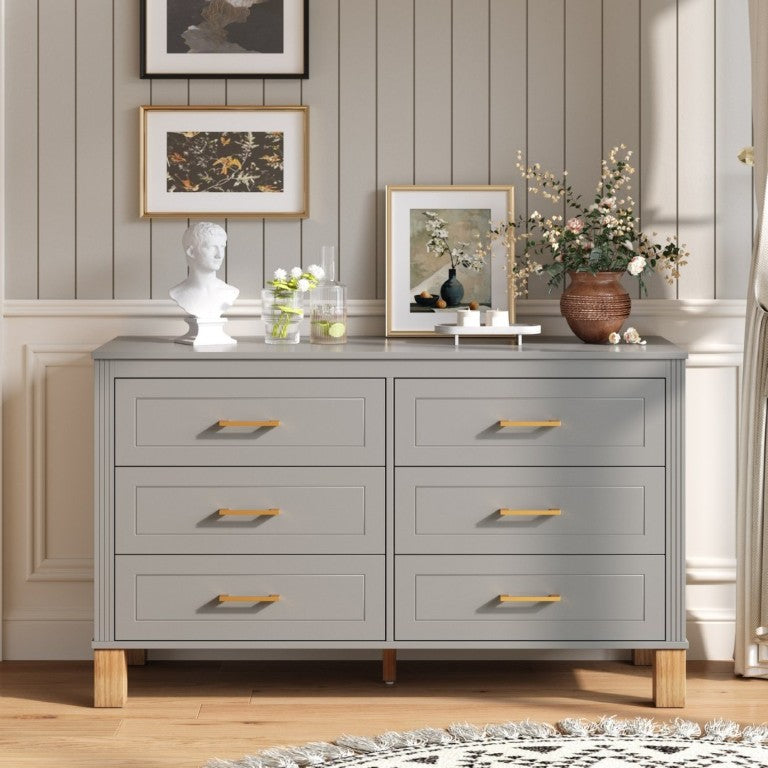 English Elm 6-Drawer Mid-Century Dresser with Solid Wood Legs Gray Finish and Metal Handles W1445S00008