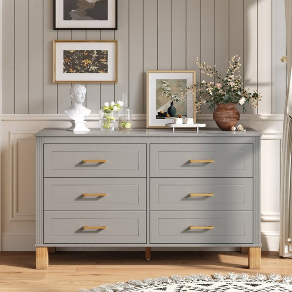 English Elm 6-Drawer Mid-Century Dresser with Solid Wood Legs Gray Finish and Metal Handles W1445S00008