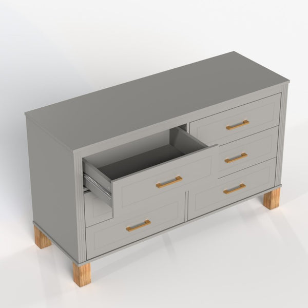 English Elm 6-Drawer Mid-Century Dresser with Solid Wood Legs Gray Finish and Metal Handles W1445S00008