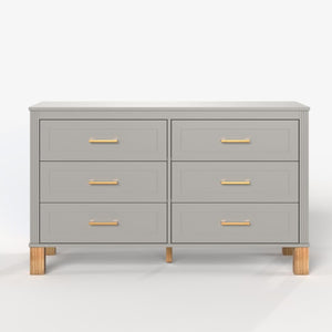 English Elm 6-Drawer Mid-Century Dresser with Solid Wood Legs Gray Finish and Metal Handles W1445S00008