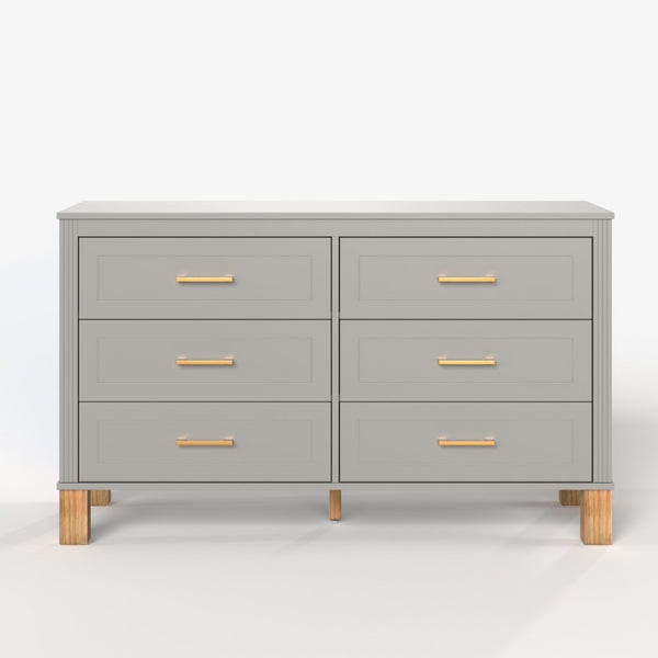 English Elm 6-Drawer Mid-Century Dresser with Solid Wood Legs Gray Finish and Metal Handles W1445S00008