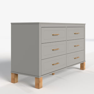 English Elm 6-Drawer Mid-Century Dresser with Solid Wood Legs Gray Finish and Metal Handles W1445S00008
