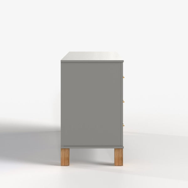 English Elm 6-Drawer Mid-Century Dresser with Solid Wood Legs Gray Finish and Metal Handles W1445S00008