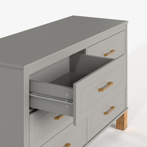 English Elm 6-Drawer Mid-Century Dresser with Solid Wood Legs Gray Finish and Metal Handles W1445S00008