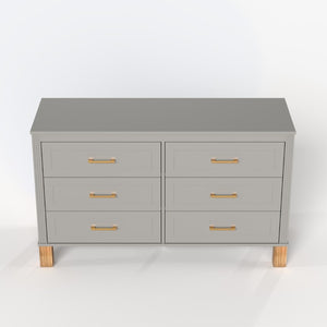 English Elm 6-Drawer Mid-Century Dresser with Solid Wood Legs Gray Finish and Metal Handles W1445S00008