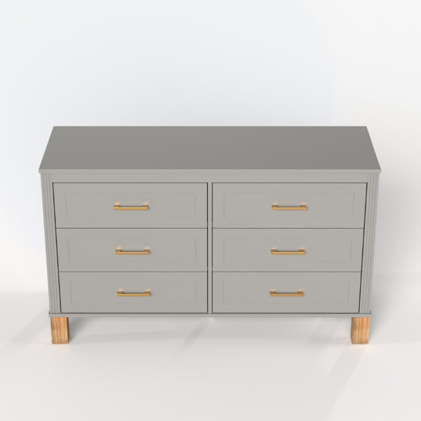 English Elm 6-Drawer Mid-Century Dresser with Solid Wood Legs Gray Finish and Metal Handles W1445S00008