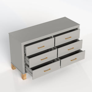 English Elm 6-Drawer Mid-Century Dresser with Solid Wood Legs Gray Finish and Metal Handles W1445S00008