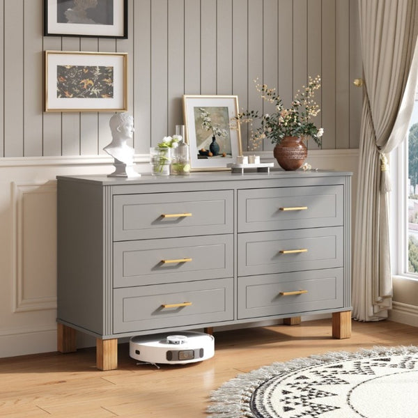 English Elm 6-Drawer Mid-Century Dresser with Solid Wood Legs Gray Finish and Metal Handles W1445S00008