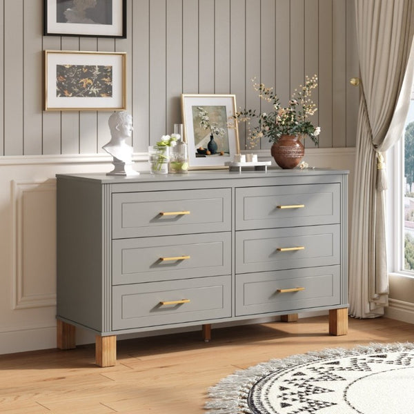 English Elm 6-Drawer Mid-Century Dresser with Solid Wood Legs Gray Finish and Metal Handles W1445S00008