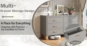 English Elm 6-Drawer Mid-Century Dresser with Solid Wood Legs Gray Finish and Metal Handles W1445S00008