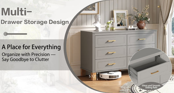 English Elm 6-Drawer Mid-Century Dresser with Solid Wood Legs Gray Finish and Metal Handles W1445S00008