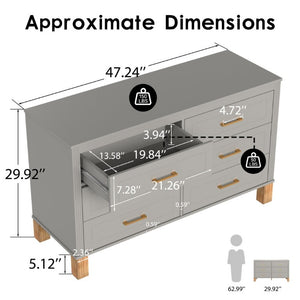 English Elm 6-Drawer Mid-Century Dresser with Solid Wood Legs Gray Finish and Metal Handles W1445S00008