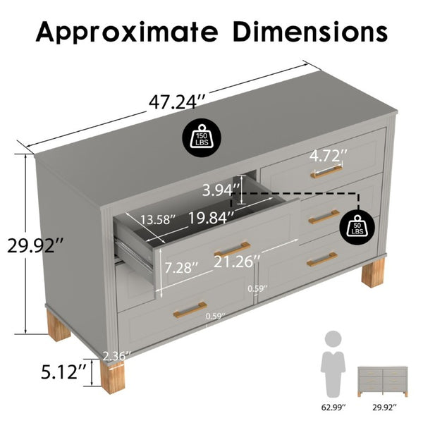 English Elm 6-Drawer Mid-Century Dresser with Solid Wood Legs Gray Finish and Metal Handles W1445S00008