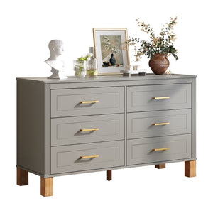 English Elm 6-Drawer Mid-Century Dresser with Solid Wood Legs Gray Finish and Metal Handles W1445S00008