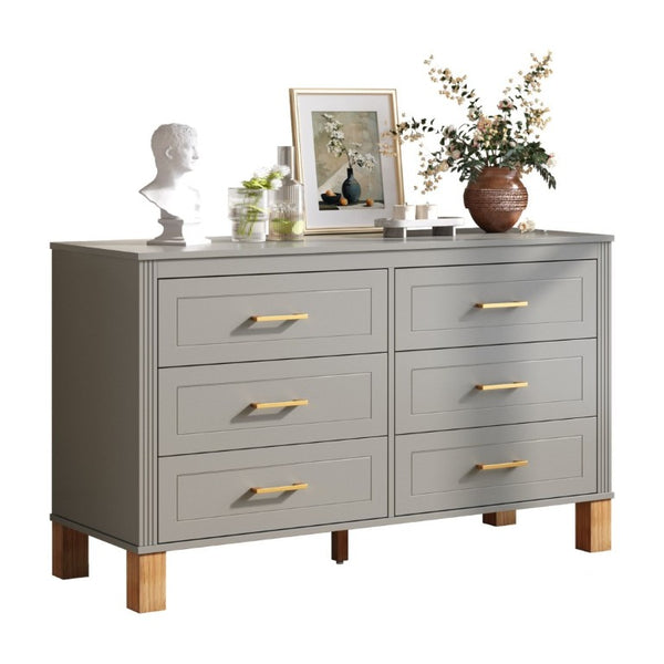 English Elm 6-Drawer Mid-Century Dresser with Solid Wood Legs Gray Finish and Metal Handles W1445S00008