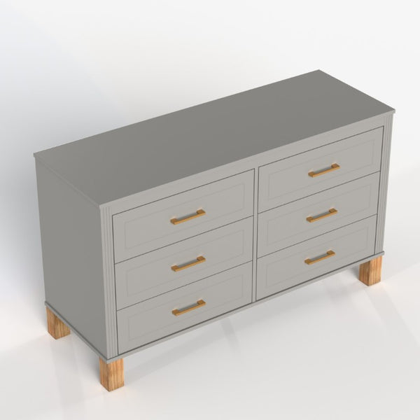 English Elm 6-Drawer Mid-Century Dresser with Solid Wood Legs Gray Finish and Metal Handles W1445S00008