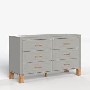 English Elm 6-Drawer Mid-Century Dresser with Solid Wood Legs Gray Finish and Metal Handles W1445S00008