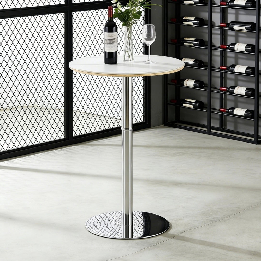 English Elm Rock Panel Round Pub Table with Silver Steel Base for Kitchen or Bistro Dining W1512P501618