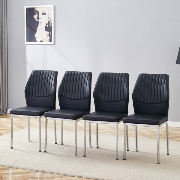 English Elm 4-Piece Black PU Leather Dining Chair Set with Ergonomic Back and Silver Metal Legs W1512P502265