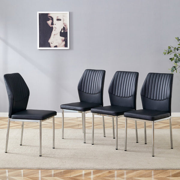 English Elm 4-Piece Black PU Leather Dining Chair Set with Ergonomic Back and Silver Metal Legs W1512P502265