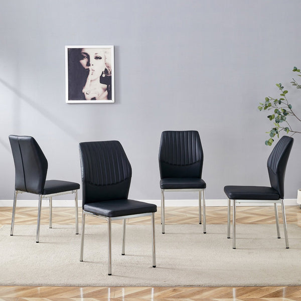 English Elm 4-Piece Black PU Leather Dining Chair Set with Ergonomic Back and Silver Metal Legs W1512P502265