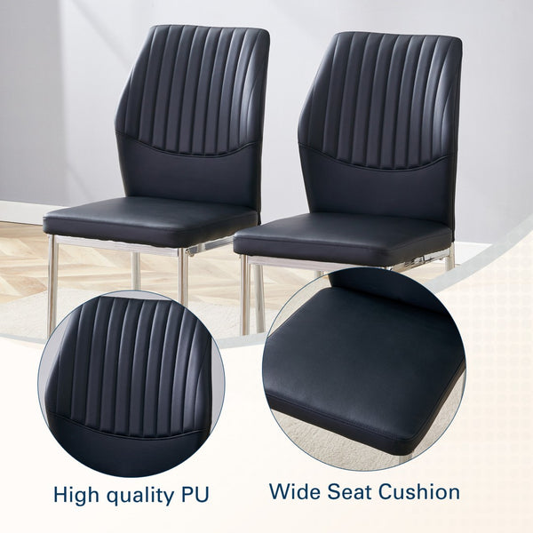 English Elm 4-Piece Black PU Leather Dining Chair Set with Ergonomic Back and Silver Metal Legs W1512P502265