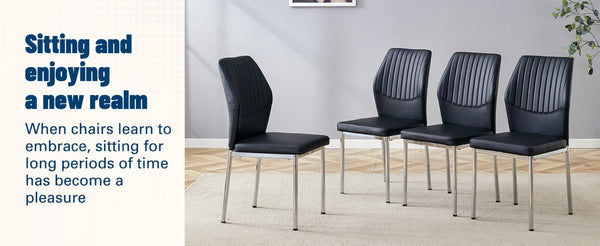English Elm 4-Piece Black PU Leather Dining Chair Set with Ergonomic Back and Silver Metal Legs W1512P502265