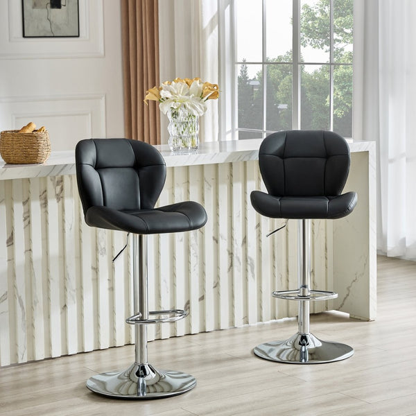 English Elm Set of 2 Tufted Pu Leather Bar Stools with Adjustable Gas Lift and Chrome Base Black W1512P502688