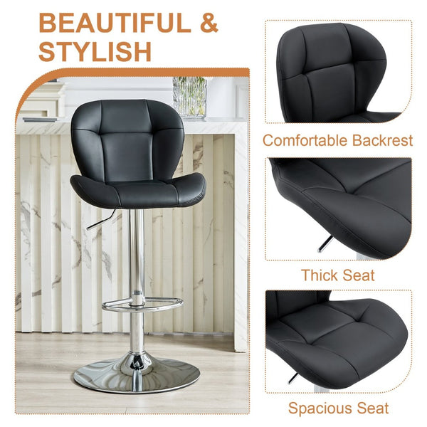 English Elm Set of 2 Tufted Pu Leather Bar Stools with Adjustable Gas Lift and Chrome Base Black W1512P502688