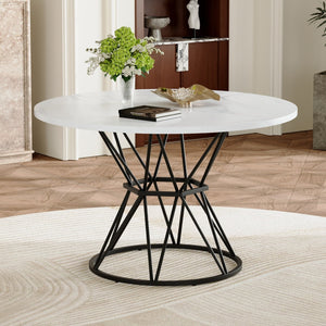 English Elm A Round Marble Patterned Dining Table with Matte Hourglass Base Seats Six People White+Black W1512P502740