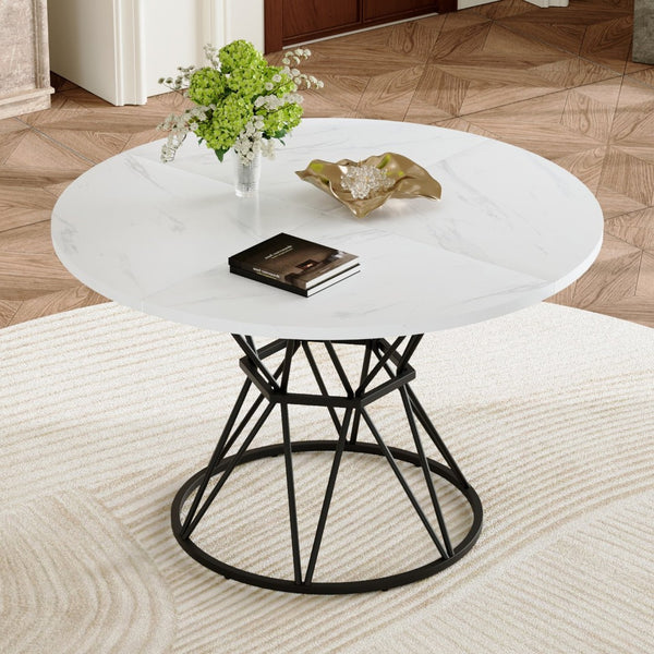 English Elm A Round Marble Patterned Dining Table with Matte Hourglass Base Seats Six People White+Black W1512P502740