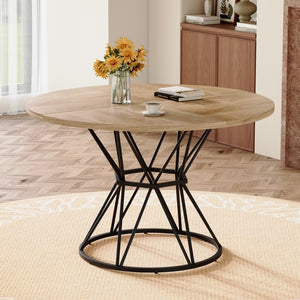 English Elm A Round Marble Patterned Dining Table with Matte Hourglass Base Seats Six People Black+Wood W1512P502742