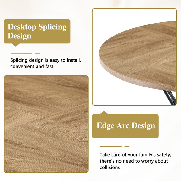 English Elm A Round Marble Patterned Dining Table with Matte Hourglass Base Seats Six People Black+Wood W1512P502742