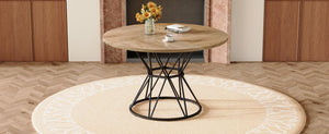 English Elm A Round Marble Patterned Dining Table with Matte Hourglass Base Seats Six People Black+Wood W1512P502742