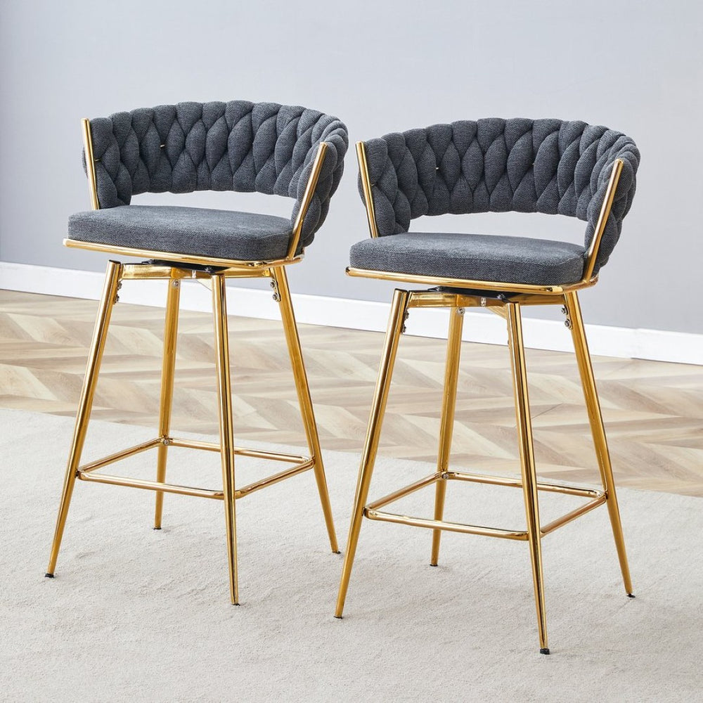 English Elm Two-piece Swivel Barstools Cotton Linen Upholstery Gold Legs Counter Height Dining W1512P503052