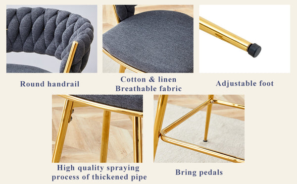 English Elm Two-piece Swivel Barstools Cotton Linen Upholstery Gold Legs Counter Height Dining W1512P503052