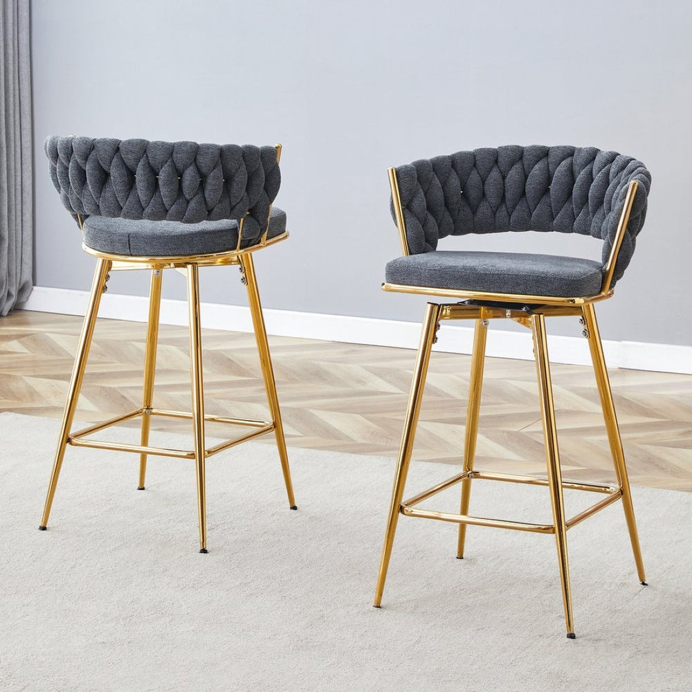 English Elm Two-piece Swivel Barstools Cotton Linen Upholstery Gold Legs Counter Height Dining W1512P503052