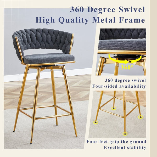 English Elm Two-piece Swivel Barstools Cotton Linen Upholstery Gold Legs Counter Height Dining W1512P503052