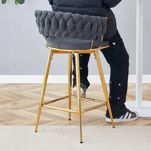 English Elm Two-piece Swivel Barstools Cotton Linen Upholstery Gold Legs Counter Height Dining W1512P503052