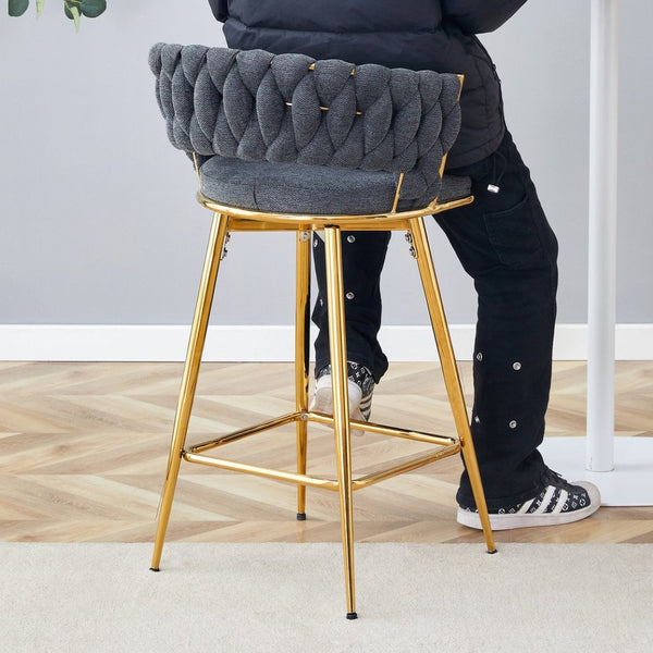 English Elm Two-piece Swivel Barstools Cotton Linen Upholstery Gold Legs Counter Height Dining W1512P503052
