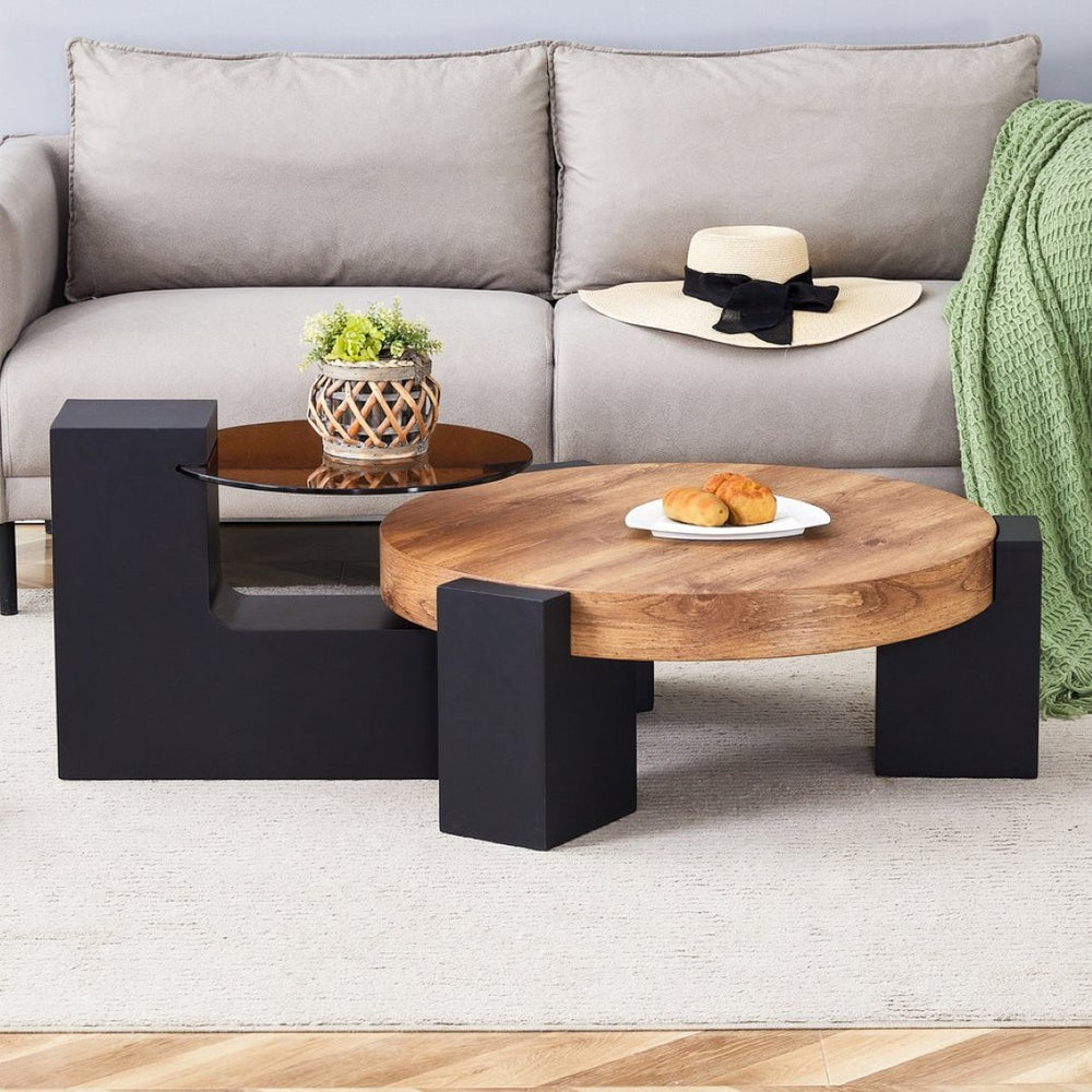 English Elm Modern Two Tier Round Coffee Table Tinted Glass Top Wood Shelf Black Angular Base W1512P503233