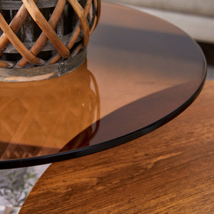 English Elm Modern Two Tier Round Coffee Table Tinted Glass Top Wood Shelf Black Angular Base W1512P503233