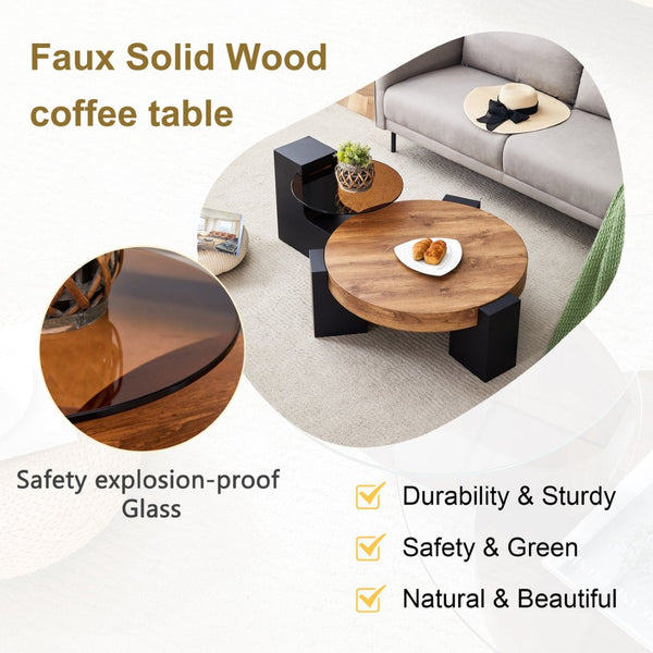 English Elm Modern Two Tier Round Coffee Table Tinted Glass Top Wood Shelf Black Angular Base W1512P503233