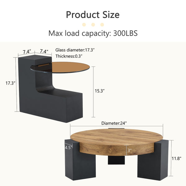 English Elm Modern Two Tier Round Coffee Table Tinted Glass Top Wood Shelf Black Angular Base W1512P503233