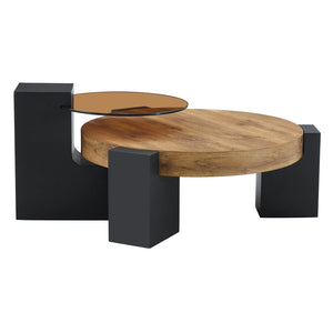 English Elm Modern Two Tier Round Coffee Table Tinted Glass Top Wood Shelf Black Angular Base W1512P503233