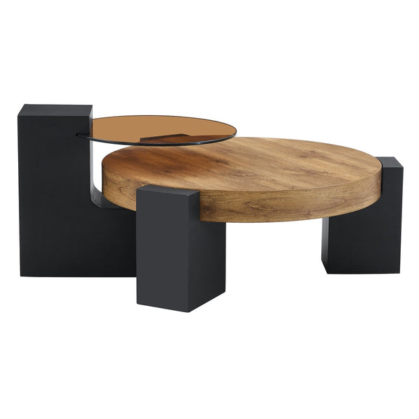 English Elm Modern Two Tier Round Coffee Table Tinted Glass Top Wood Shelf Black Angular Base W1512P503233