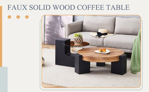 English Elm Modern Two Tier Round Coffee Table Tinted Glass Top Wood Shelf Black Angular Base W1512P503233