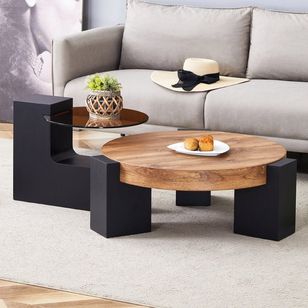 English Elm Modern Two Tier Round Coffee Table Tinted Glass Top Wood Shelf Black Angular Base W1512P503233