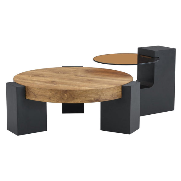 English Elm Modern Two Tier Round Coffee Table Tinted Glass Top Wood Shelf Black Angular Base W1512P503233